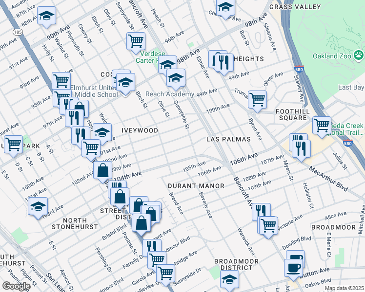 map of restaurants, bars, coffee shops, grocery stores, and more near 2017 103rd Avenue in Oakland