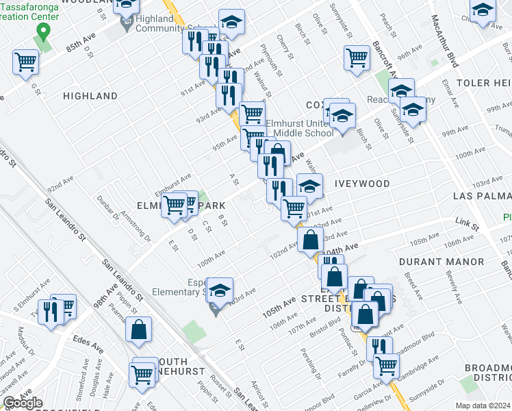 map of restaurants, bars, coffee shops, grocery stores, and more near 1256 99th Avenue in Oakland