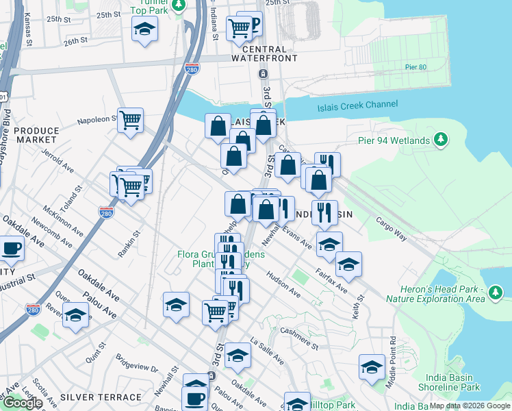 map of restaurants, bars, coffee shops, grocery stores, and more near 3rd St & Evans Ave in San Francisco