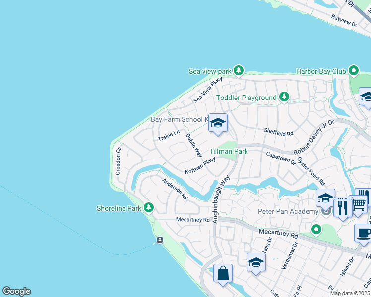 map of restaurants, bars, coffee shops, grocery stores, and more near 37 Shannon Cir in Alameda