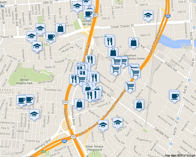 map of restaurants, bars, coffee shops, grocery stores, and more near 2298 Newcomb Avenue in San Francisco