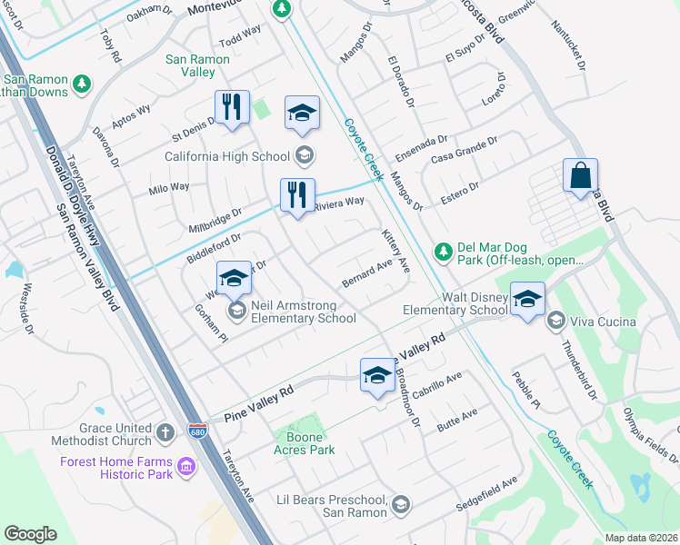 map of restaurants, bars, coffee shops, grocery stores, and more near 517 Van Buren Place in San Ramon