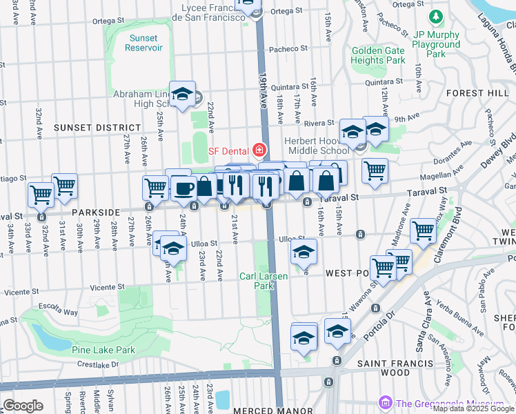 map of restaurants, bars, coffee shops, grocery stores, and more near 937 Taraval Street in San Francisco