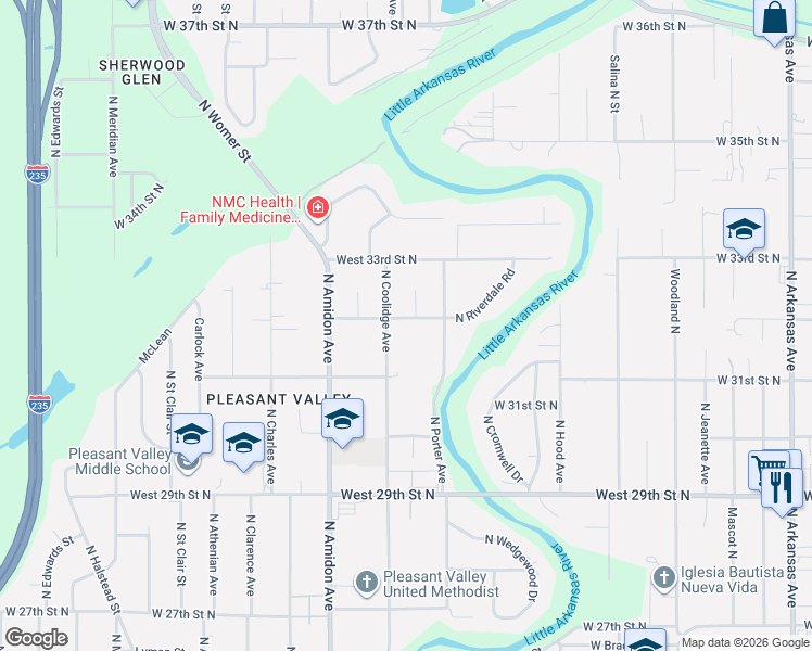 map of restaurants, bars, coffee shops, grocery stores, and more near 1505 West 32nd Street North in Wichita