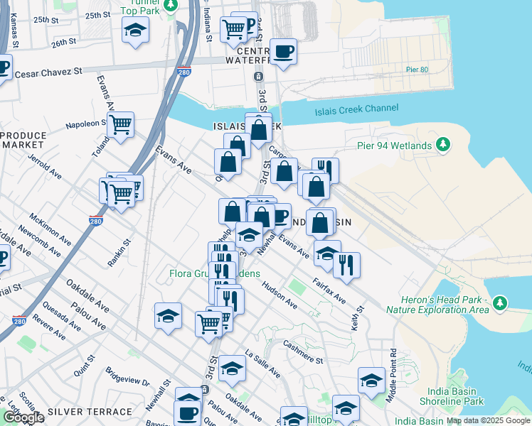map of restaurants, bars, coffee shops, grocery stores, and more near 1550 Evans Avenue in San Francisco