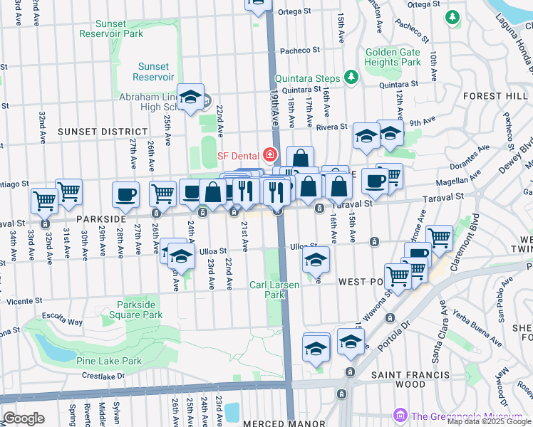 map of restaurants, bars, coffee shops, grocery stores, and more near 945 Taraval Street in San Francisco