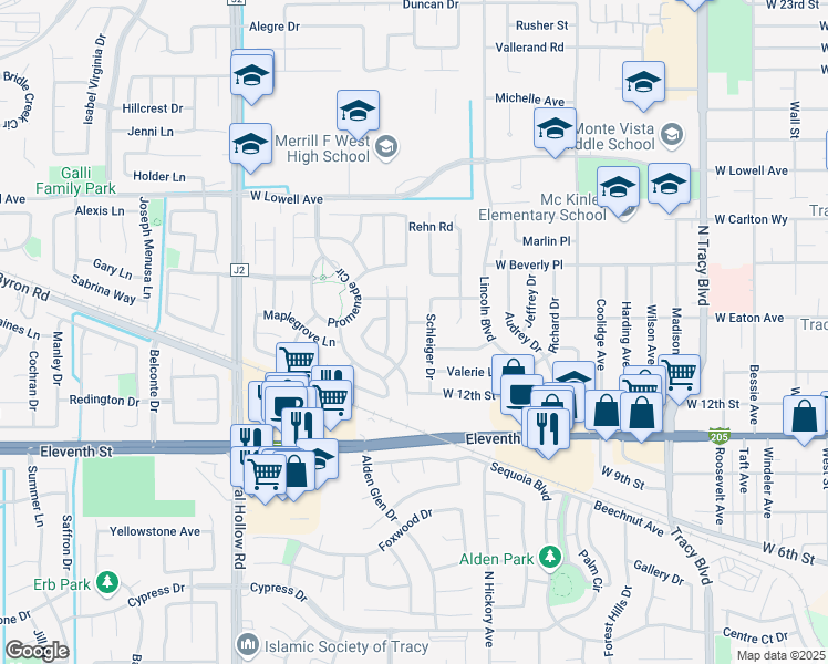 map of restaurants, bars, coffee shops, grocery stores, and more near 1380 Heatherfield Way in Tracy