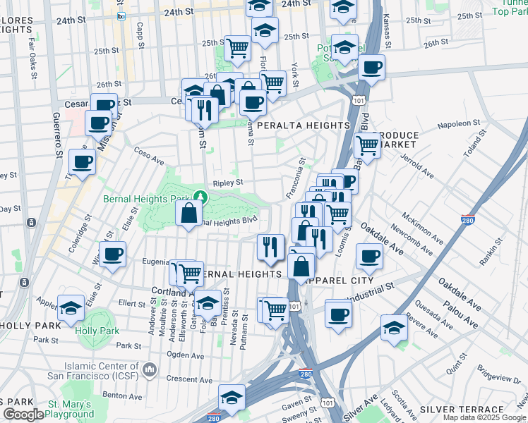 map of restaurants, bars, coffee shops, grocery stores, and more near 27 Carver Street in San Francisco