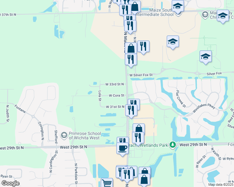map of restaurants, bars, coffee shops, grocery stores, and more near 10440 West Cora Street in Wichita