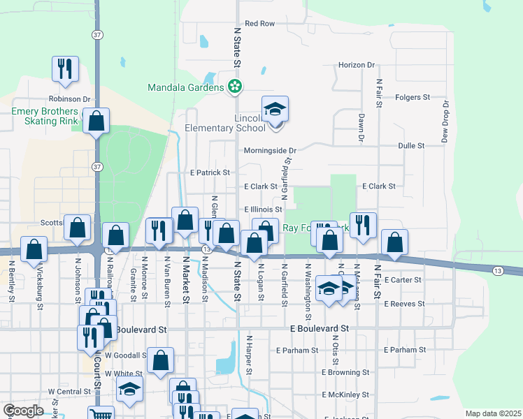 map of restaurants, bars, coffee shops, grocery stores, and more near 400 East Illinois Street in Marion
