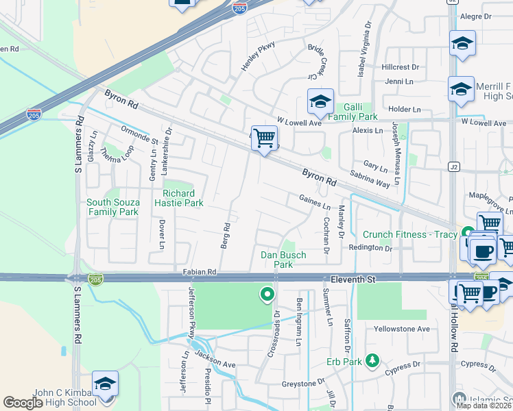 map of restaurants, bars, coffee shops, grocery stores, and more near 2696 Spencer Court in Tracy