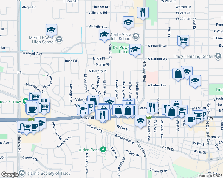map of restaurants, bars, coffee shops, grocery stores, and more near 1150 West Eaton Avenue in Tracy
