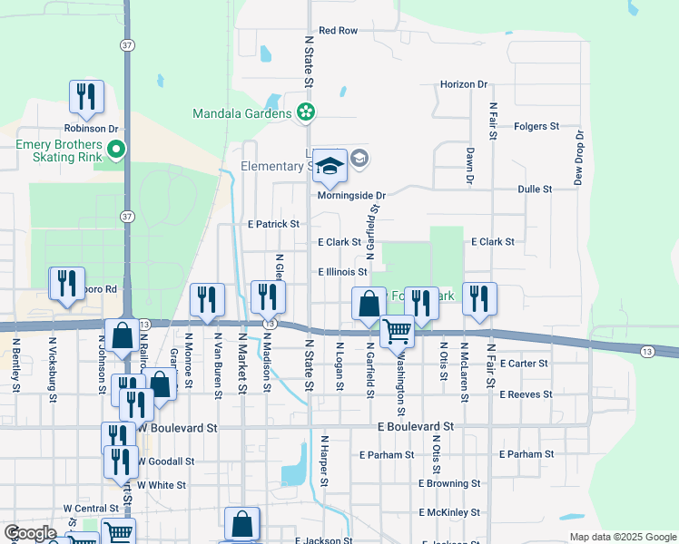 map of restaurants, bars, coffee shops, grocery stores, and more near 398 East Illinois Street in Marion