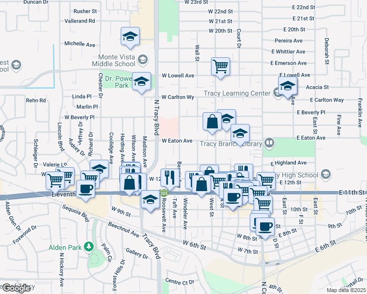 map of restaurants, bars, coffee shops, grocery stores, and more near 434 West Eaton Avenue in Tracy