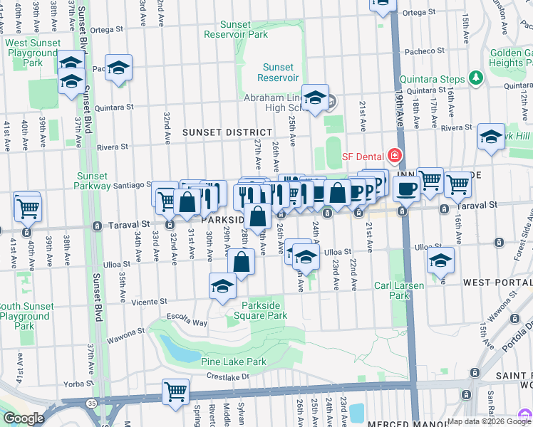 map of restaurants, bars, coffee shops, grocery stores, and more near 1644 Taraval Street in San Francisco