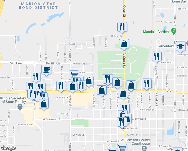 map of restaurants, bars, coffee shops, grocery stores, and more near 1303 North Bently Street in Marion