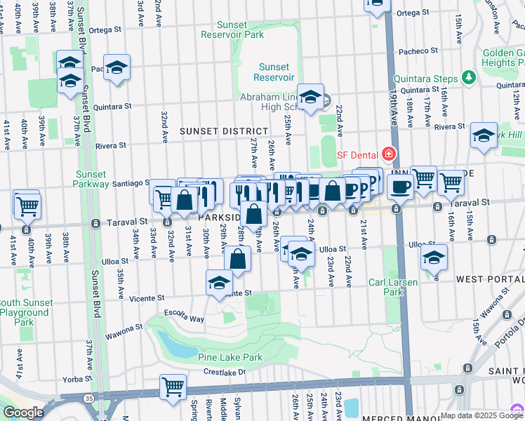 map of restaurants, bars, coffee shops, grocery stores, and more near 1644 Taraval Street in San Francisco