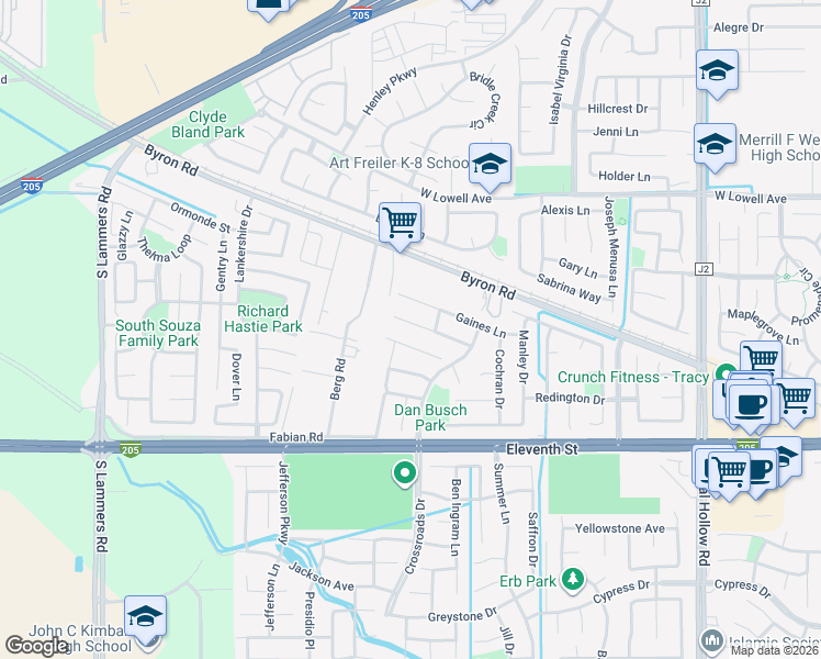 map of restaurants, bars, coffee shops, grocery stores, and more near 2607 Spencer Court in Tracy