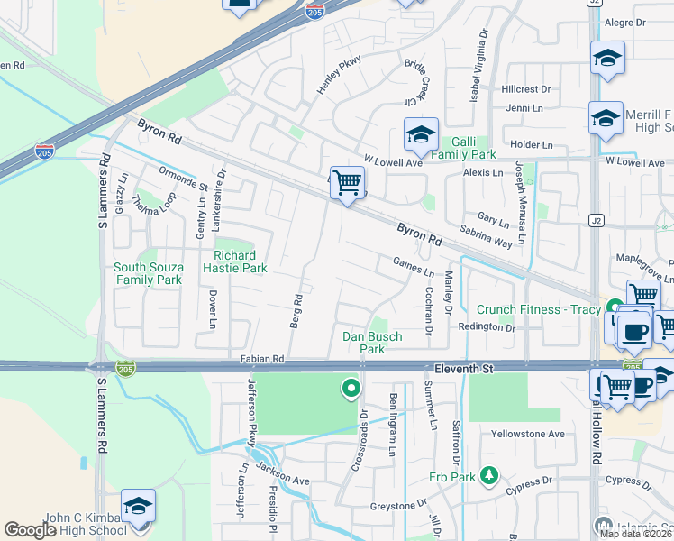 map of restaurants, bars, coffee shops, grocery stores, and more near 2696 Spencer Court in Tracy