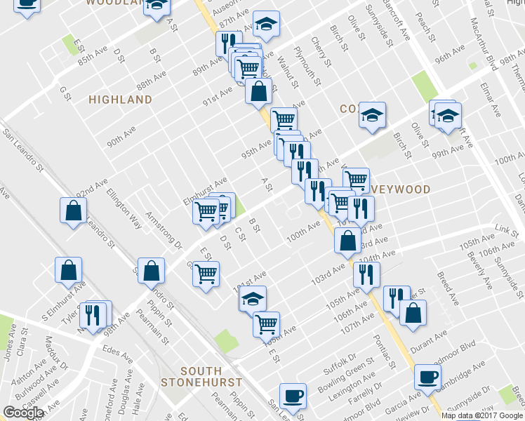 map of restaurants, bars, coffee shops, grocery stores, and more near 1212 98th Avenue in Oakland