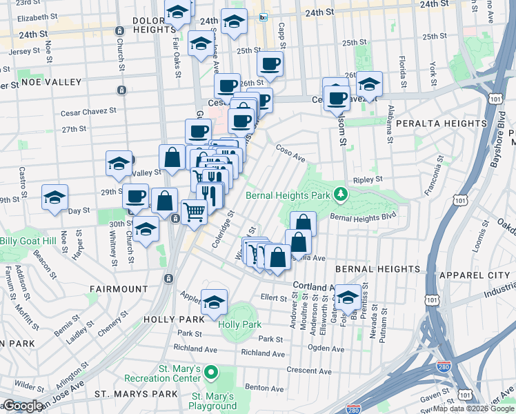 map of restaurants, bars, coffee shops, grocery stores, and more near 166 Lundys Lane in San Francisco