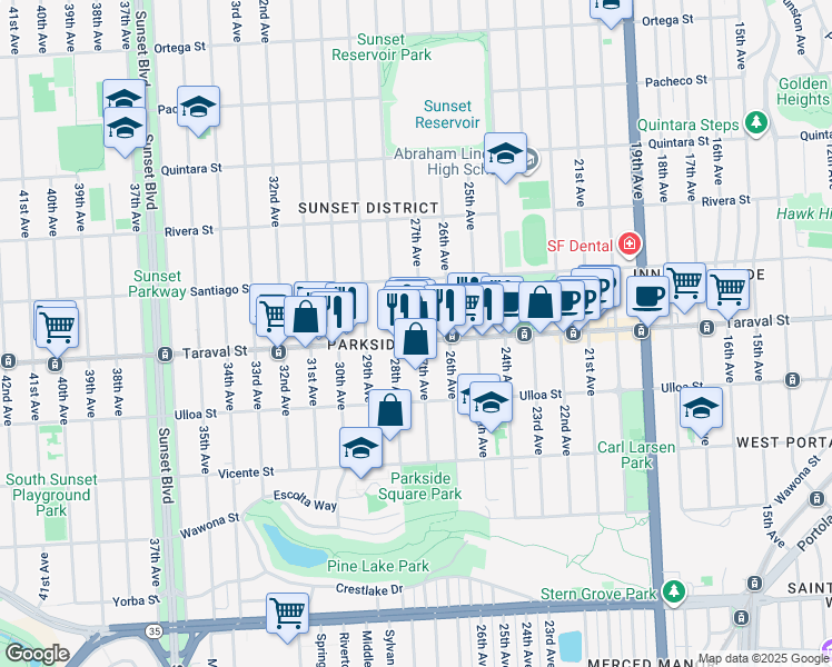 map of restaurants, bars, coffee shops, grocery stores, and more near 1644 Taraval Street in San Francisco