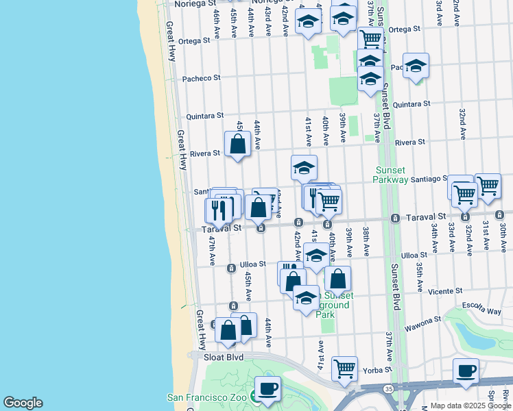 map of restaurants, bars, coffee shops, grocery stores, and more near 2334 45th Avenue in San Francisco