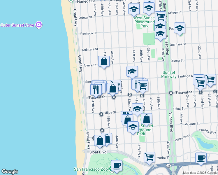 map of restaurants, bars, coffee shops, grocery stores, and more near 2334 45th Avenue in San Francisco