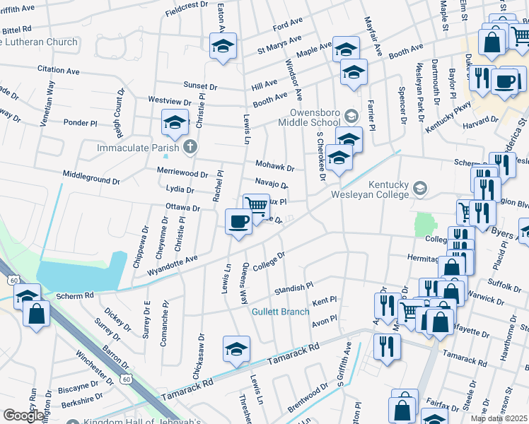 map of restaurants, bars, coffee shops, grocery stores, and more near 1638 Sioux Pl in Owensboro