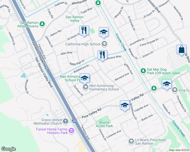 map of restaurants, bars, coffee shops, grocery stores, and more near 65 Shaw Place in San Ramon