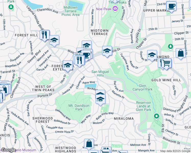 map of restaurants, bars, coffee shops, grocery stores, and more near 200 Teresita Boulevard in San Francisco