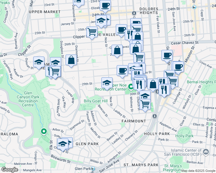 map of restaurants, bars, coffee shops, grocery stores, and more near 1626 Noe Street in San Francisco
