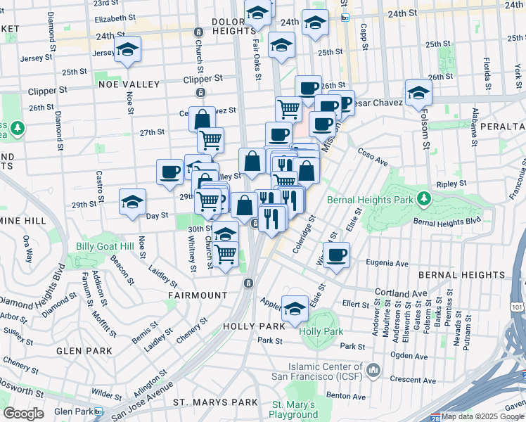 map of restaurants, bars, coffee shops, grocery stores, and more near 27 Day Street in San Francisco