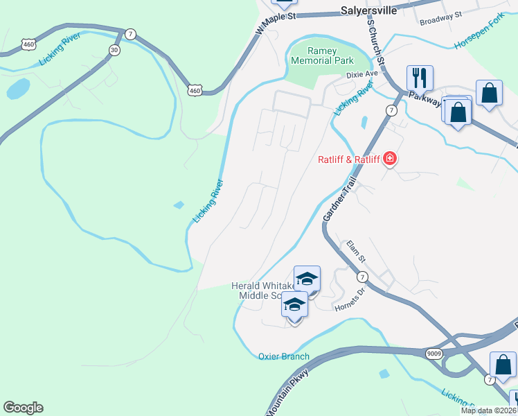 map of restaurants, bars, coffee shops, grocery stores, and more near 200-298 Combs Street in Salyersville