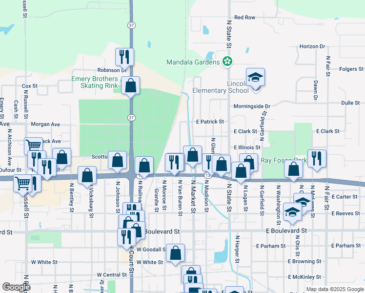 map of restaurants, bars, coffee shops, grocery stores, and more near 3057-4099 North Market Street in Marion