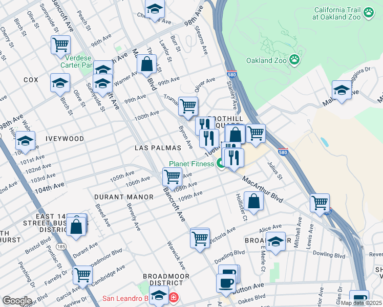 map of restaurants, bars, coffee shops, grocery stores, and more near 10515 Byron Avenue in Oakland