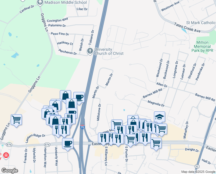 map of restaurants, bars, coffee shops, grocery stores, and more near 616 Martin Drive in Richmond