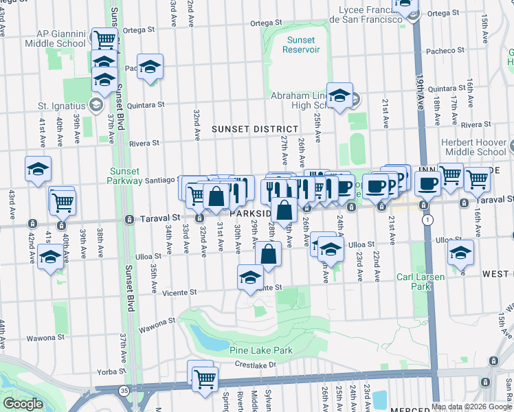 map of restaurants, bars, coffee shops, grocery stores, and more near 2379 28th Avenue in San Francisco