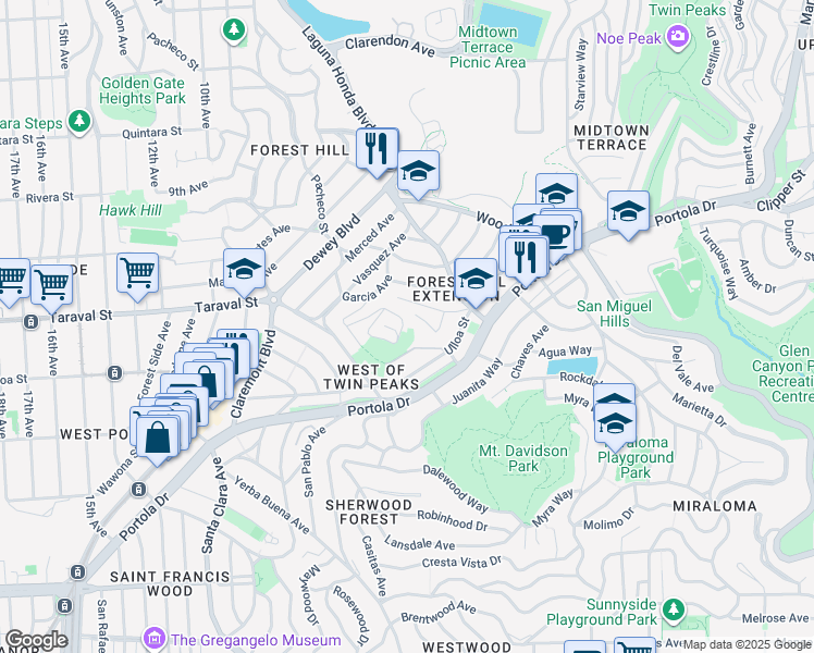 map of restaurants, bars, coffee shops, grocery stores, and more near 265 Edgehill Way in San Francisco