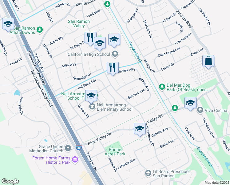 map of restaurants, bars, coffee shops, grocery stores, and more near 9821 Broadmoor Drive in San Ramon