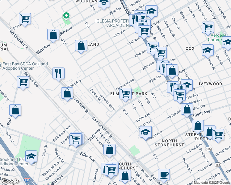 map of restaurants, bars, coffee shops, grocery stores, and more near 1030 Elmhurst Avenue in Oakland