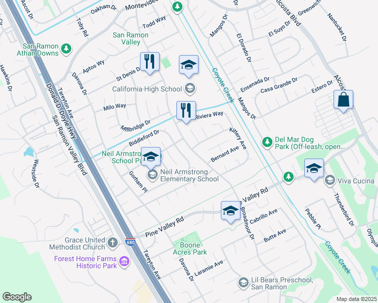 map of restaurants, bars, coffee shops, grocery stores, and more near 9821 Broadmoor Drive in San Ramon