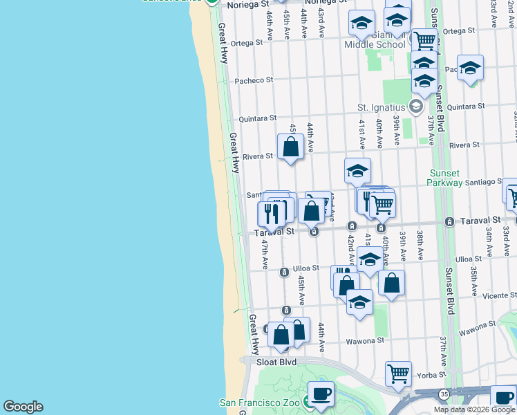 map of restaurants, bars, coffee shops, grocery stores, and more near 2330 48th Avenue in San Francisco