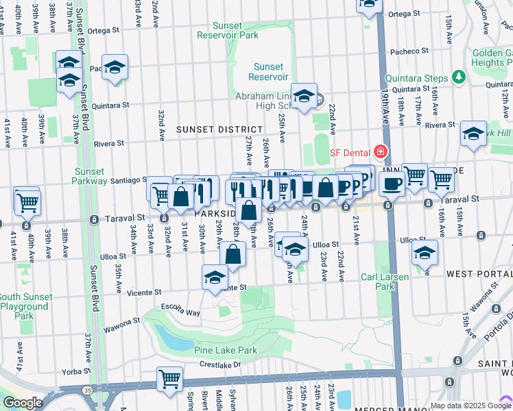 map of restaurants, bars, coffee shops, grocery stores, and more near 1644 Taraval Street in San Francisco