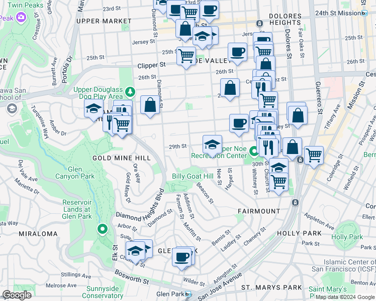 map of restaurants, bars, coffee shops, grocery stores, and more near 2320 Castro Street in San Francisco
