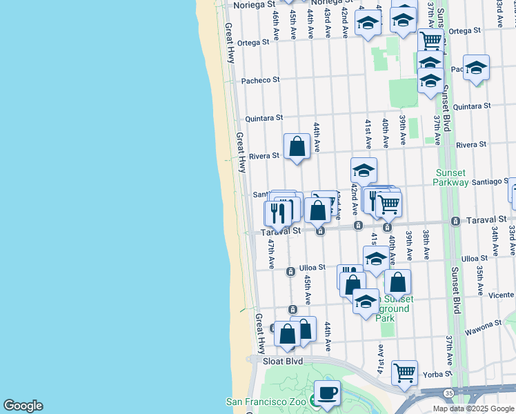 map of restaurants, bars, coffee shops, grocery stores, and more near 2330 48th Avenue in San Francisco