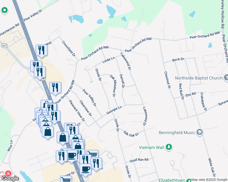 map of restaurants, bars, coffee shops, grocery stores, and more near 2098 Oak Meadow Drive in Elizabethtown
