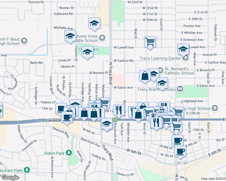 map of restaurants, bars, coffee shops, grocery stores, and more near 530 West Eaton Avenue in Tracy