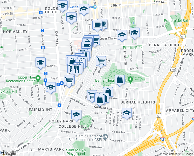 map of restaurants, bars, coffee shops, grocery stores, and more near 119 Winfield Street in San Francisco