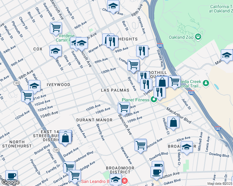 map of restaurants, bars, coffee shops, grocery stores, and more near 10407 Dante Avenue in Oakland